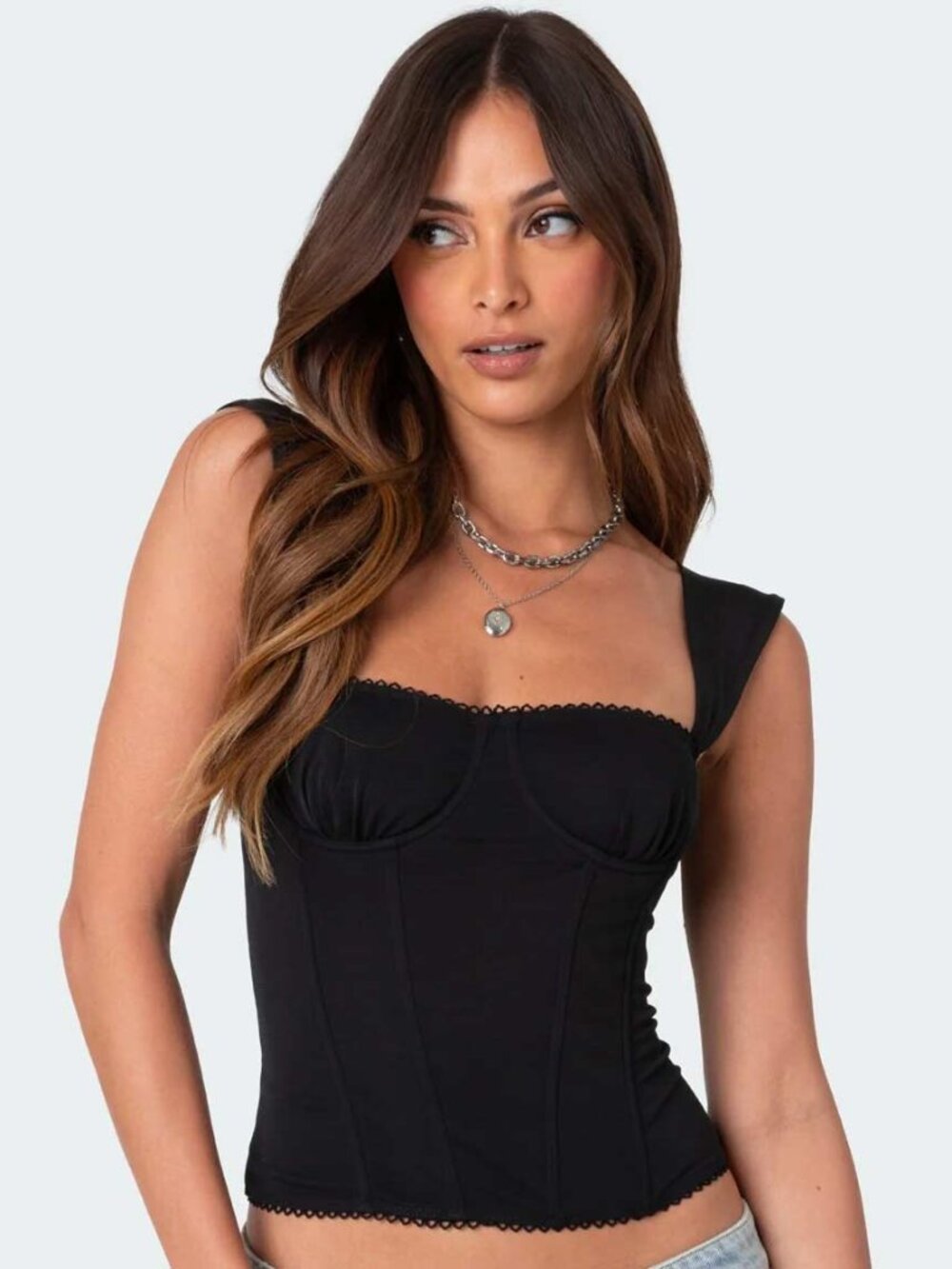 edikted Marcella Wide Strap Black Corset Tank Top - Women's Medium